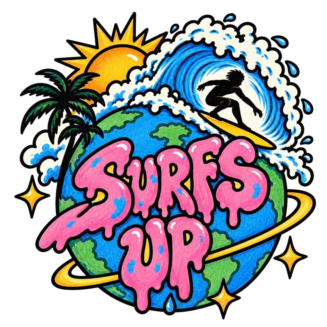 SURFSUP globe and surfer logo